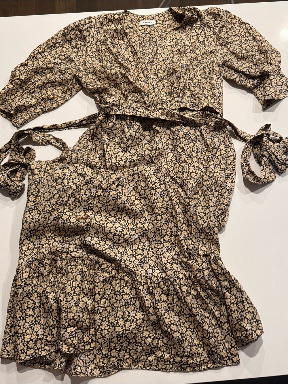 Sandro Black and Cream Floral Wrap Midi Dress